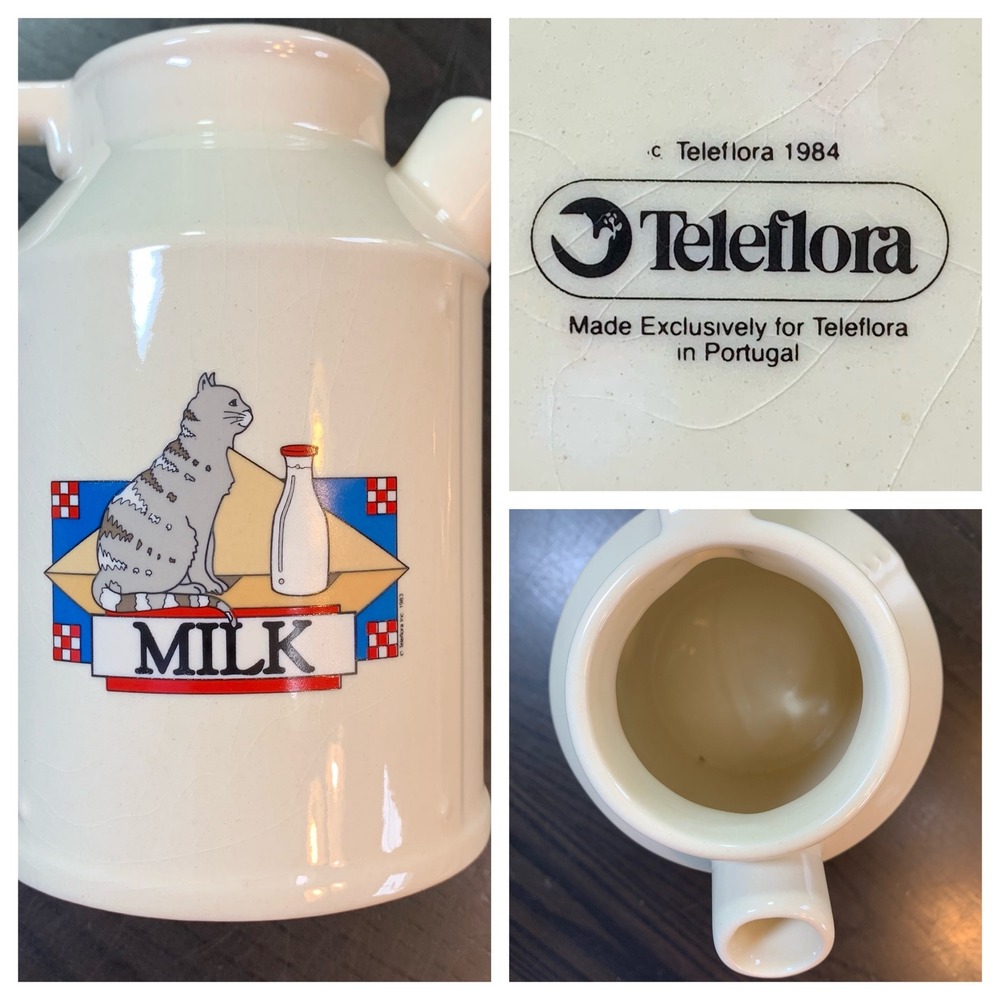 Teleflora Milk Creamer 1984‎ Cat & Milk Bottle Made in Portugal Farmhouse
